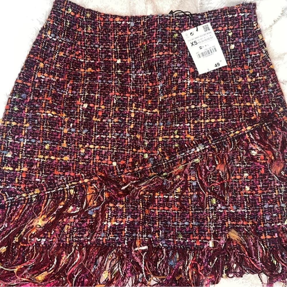 Zara Multi-Color Tweed Fringe A-Line Skirt